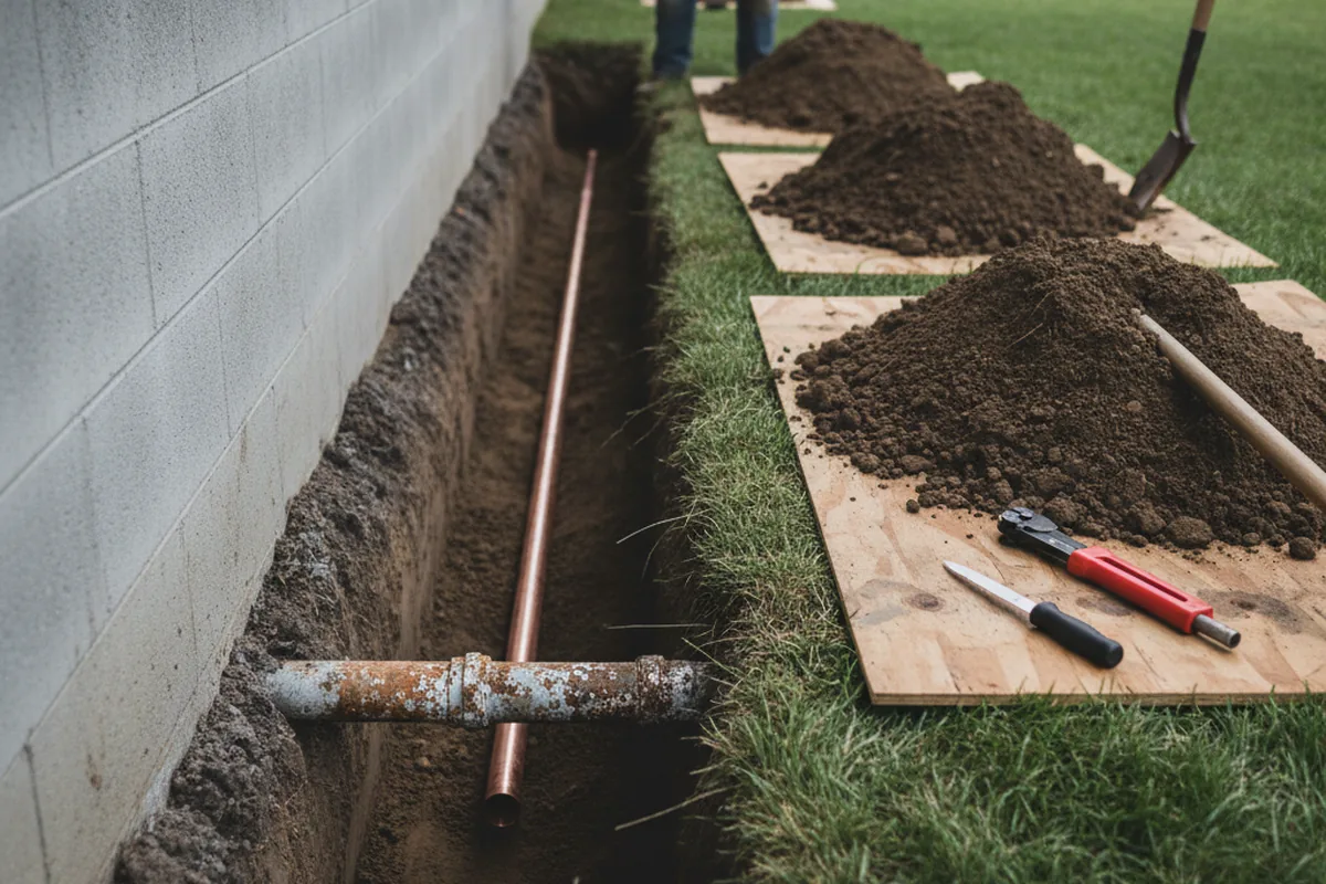 Excavated water line trench during Water Softener Installation in Hammond